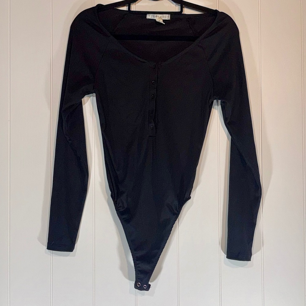 Eye Candy Womens Black Ribbed Henley Long Sleeve Bodysuit Medium